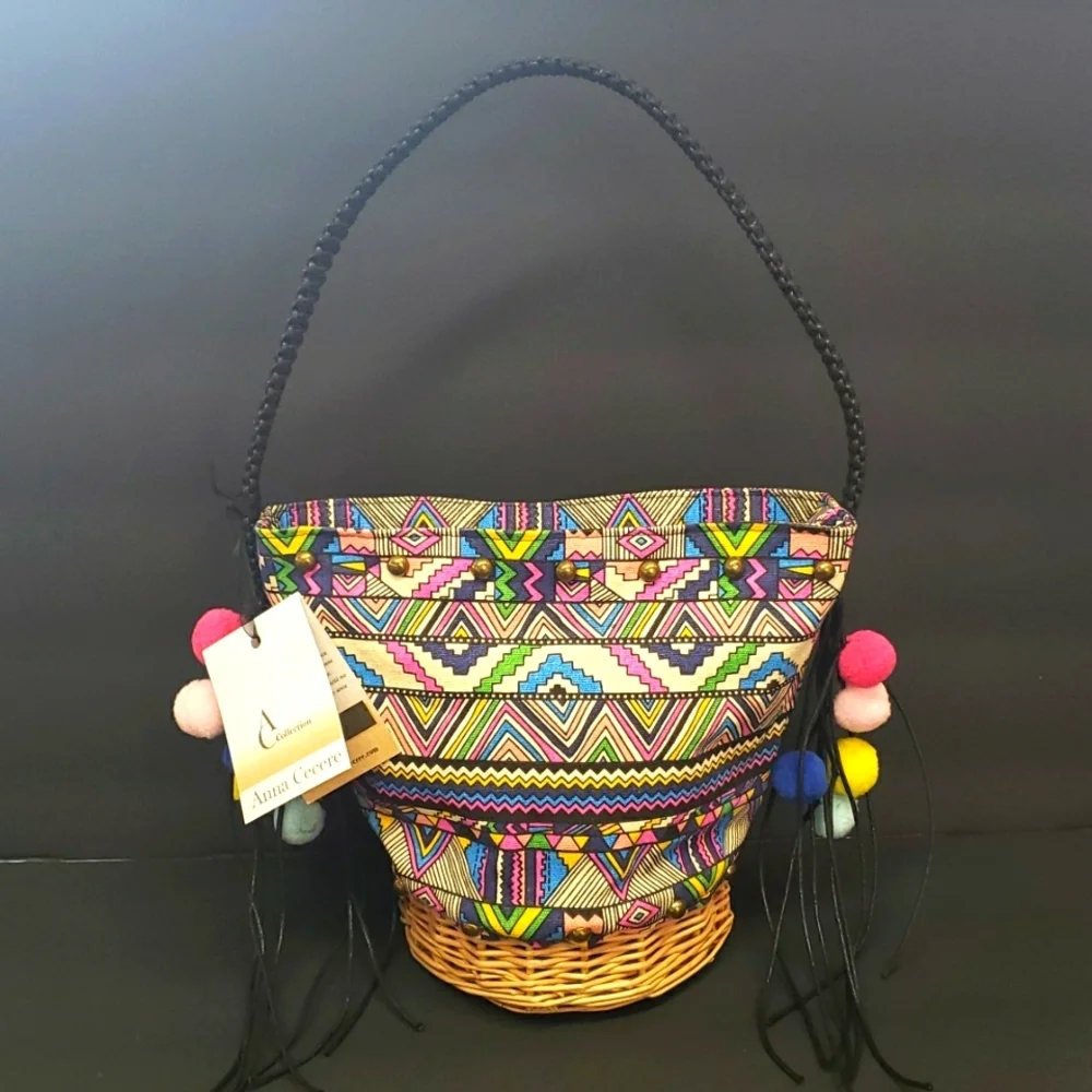Anna Cecere Patterned Fabric and Seagrass Handbag with Stud Detail